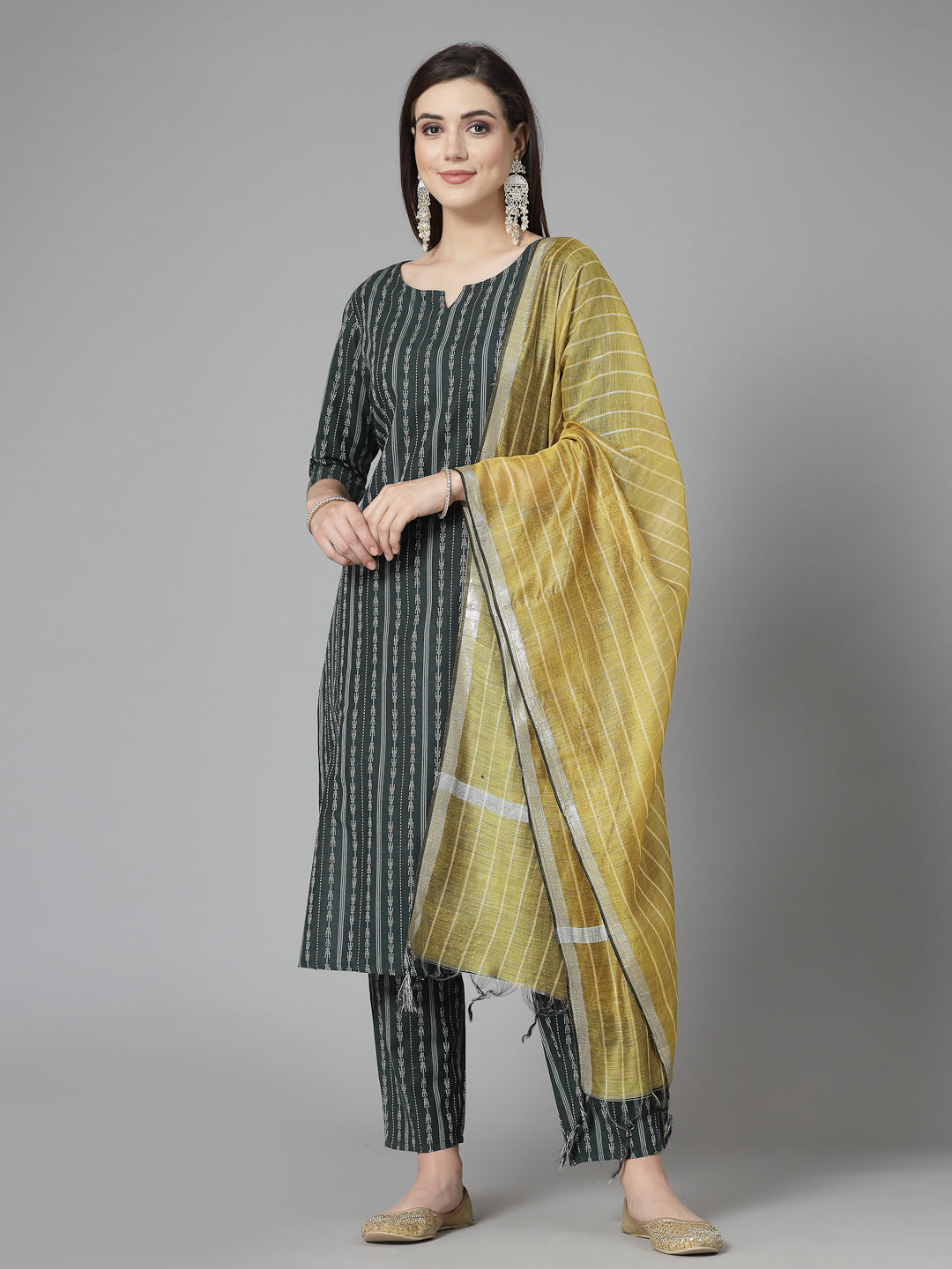 Woven Design Cotton Blend Straight Kurta Pant Dupatta Set