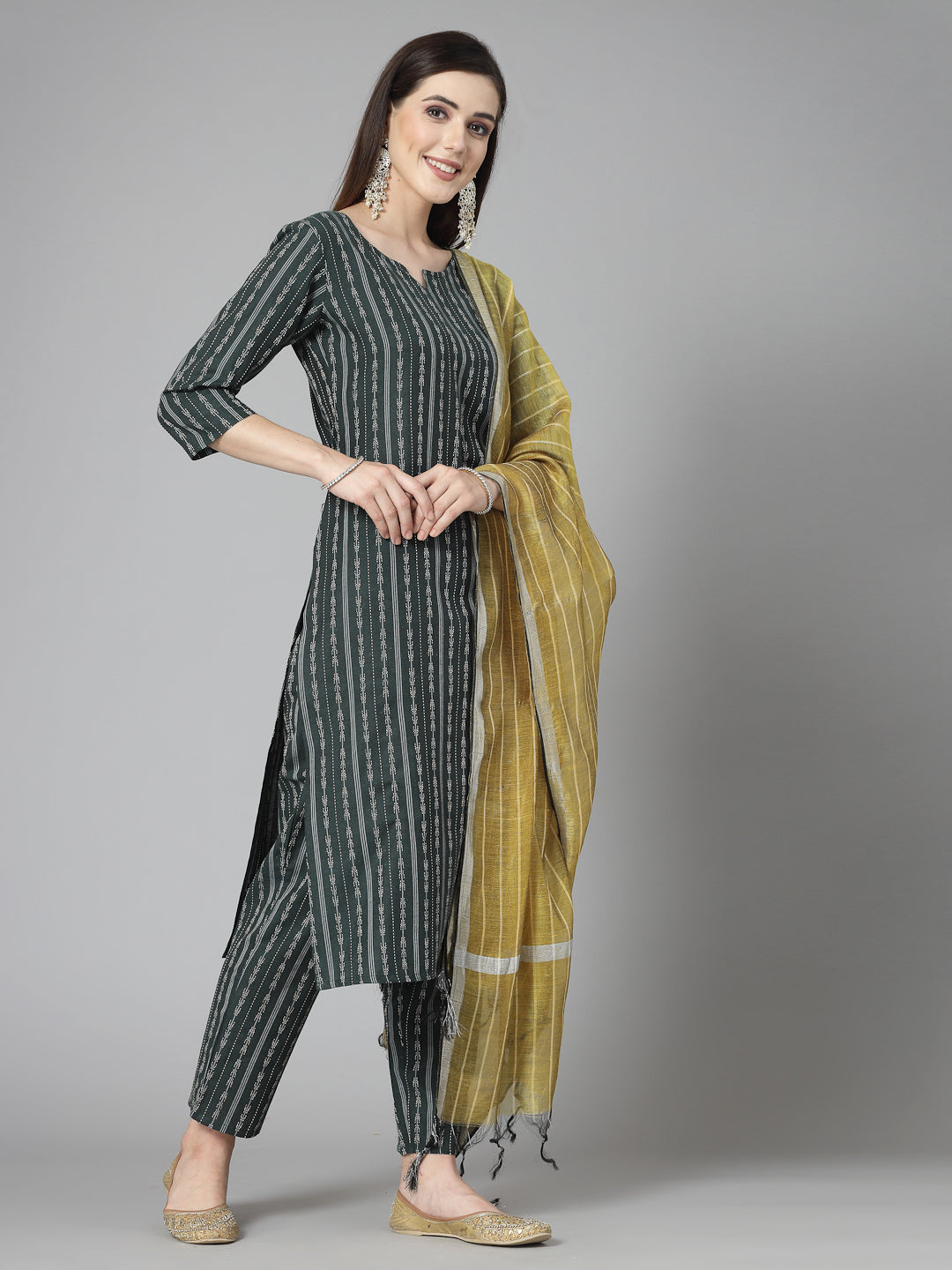 Woven Design Cotton Blend Straight Kurta Pant Dupatta Set