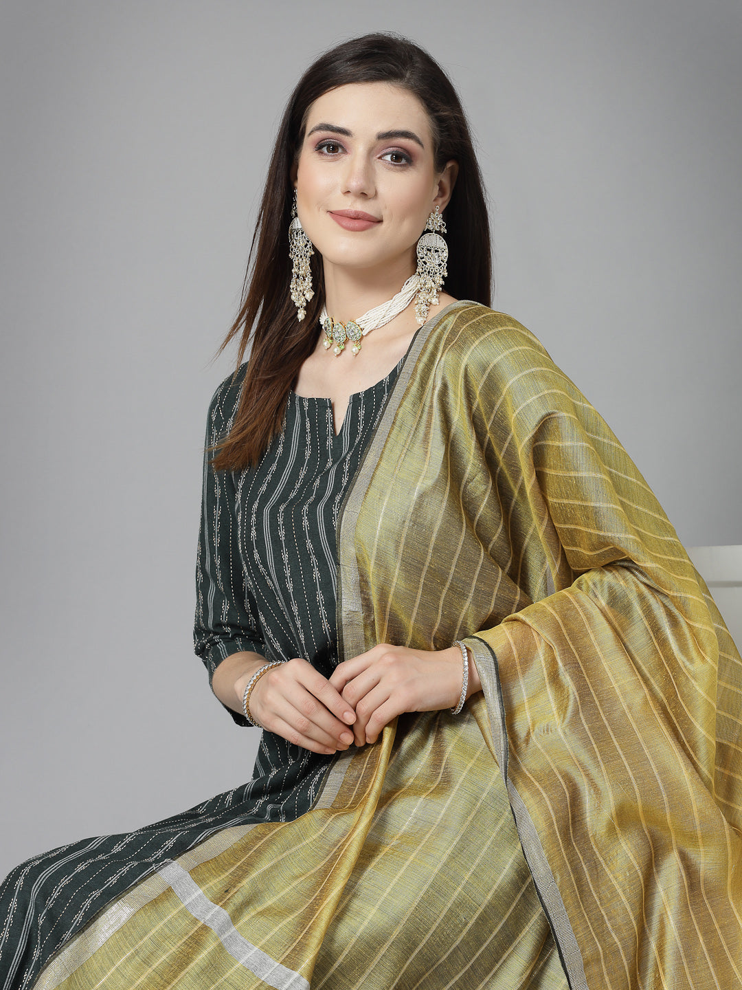 Woven Design Cotton Blend Straight Kurta Pant Dupatta Set