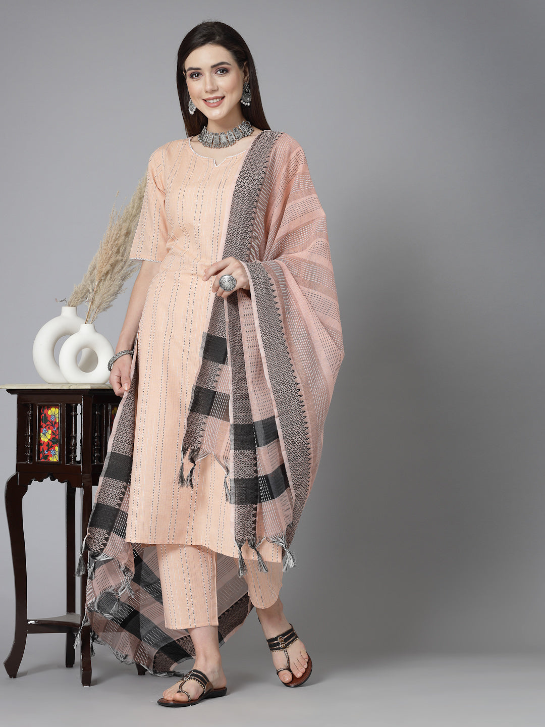 Woven Design Cotton Blend Straight Kurta Pant Dupatta Set