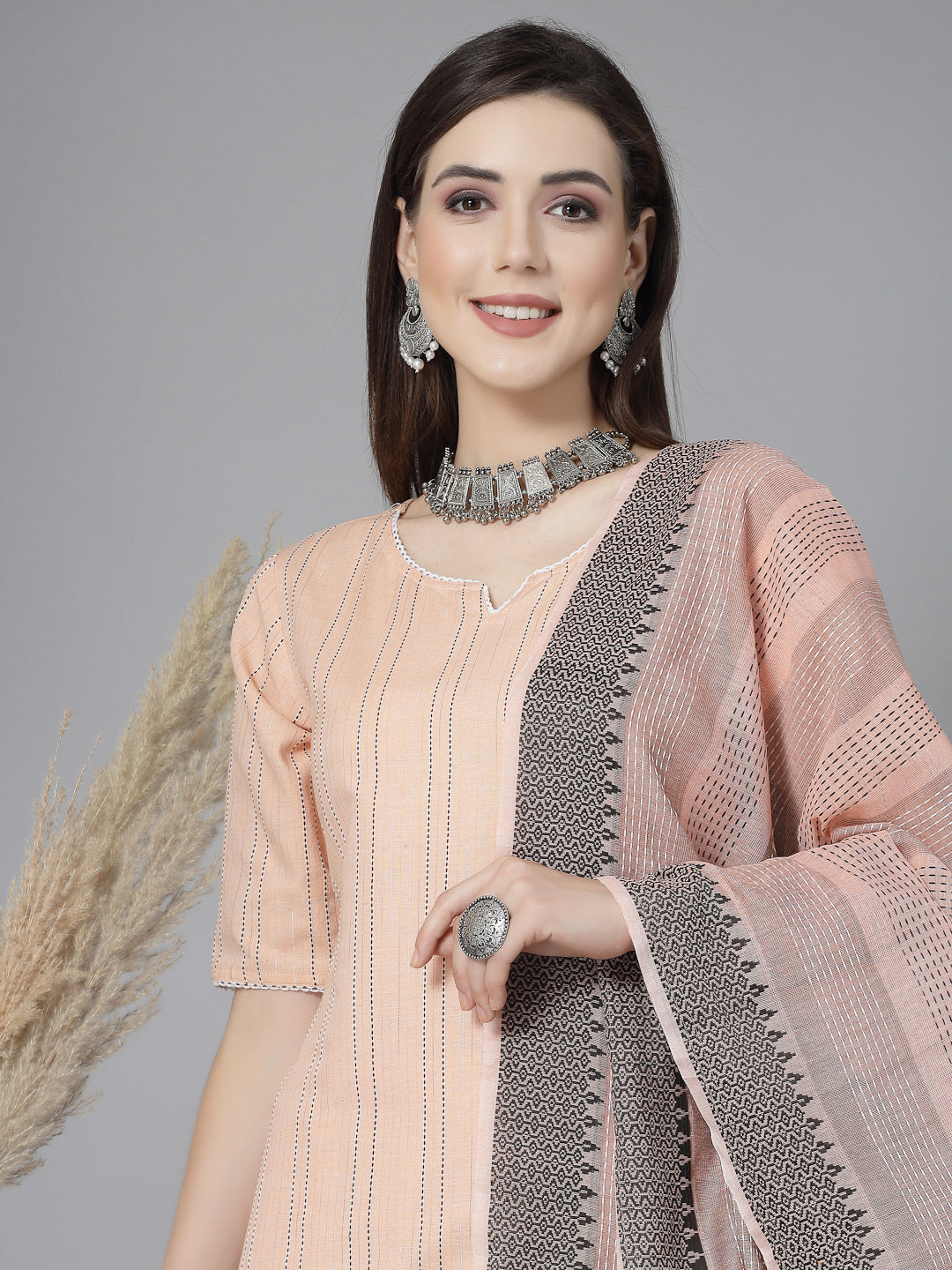 Woven Design Cotton Blend Straight Kurta Pant Dupatta Set