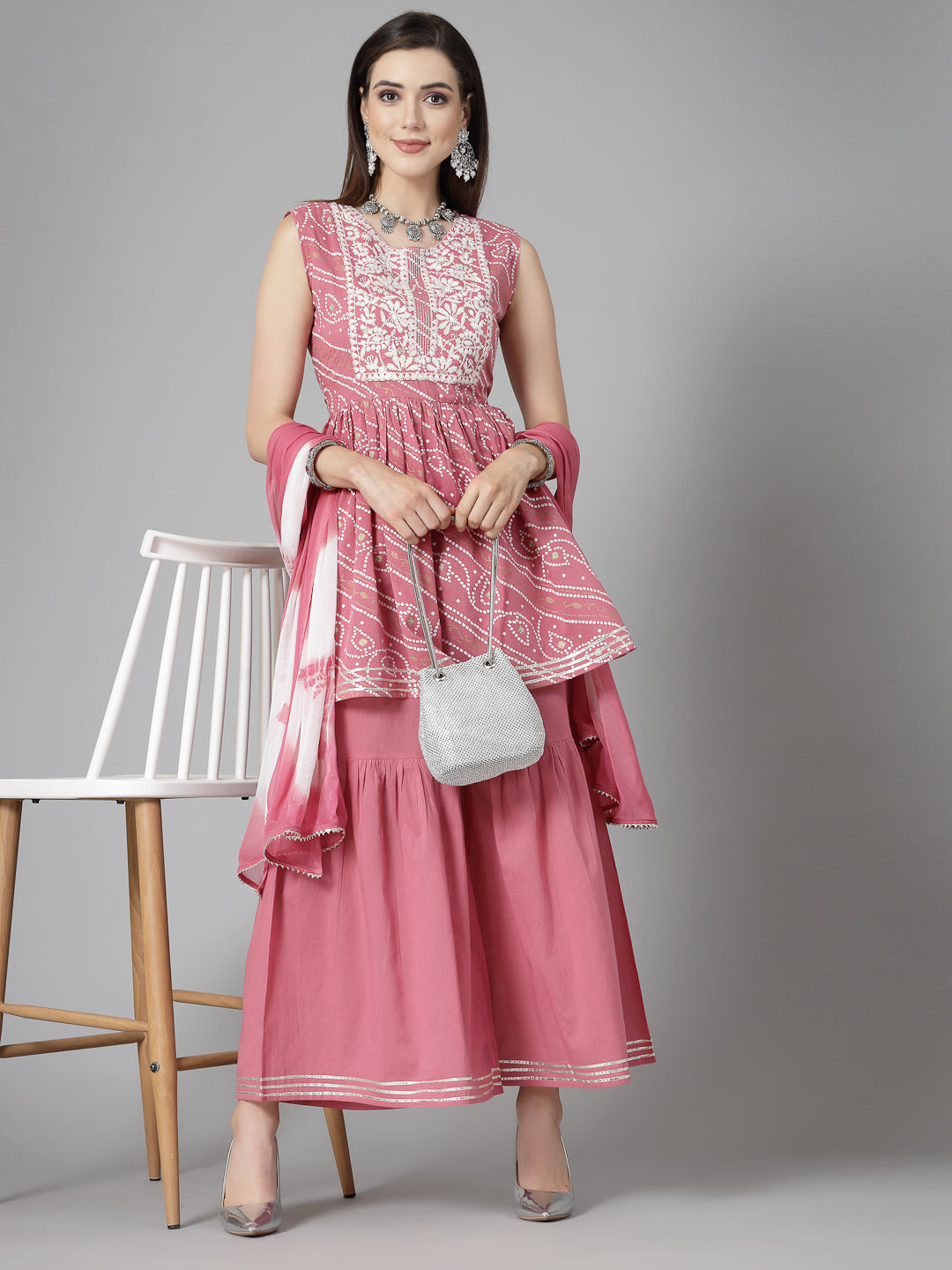 Bandhej Printed & Embroidered Cotton Kurta Sharara Dupatta Set