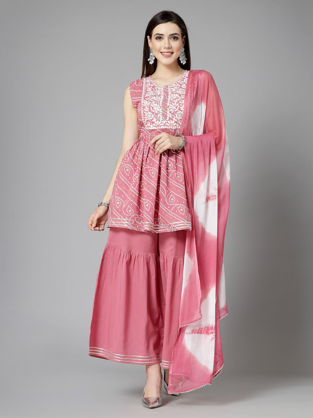 Bandhej Printed & Embroidered Cotton Kurta Sharara Dupatta Set