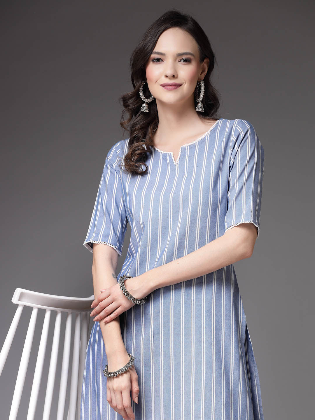 Woven Striped Cotton Blend Straight Kurta Pant Set