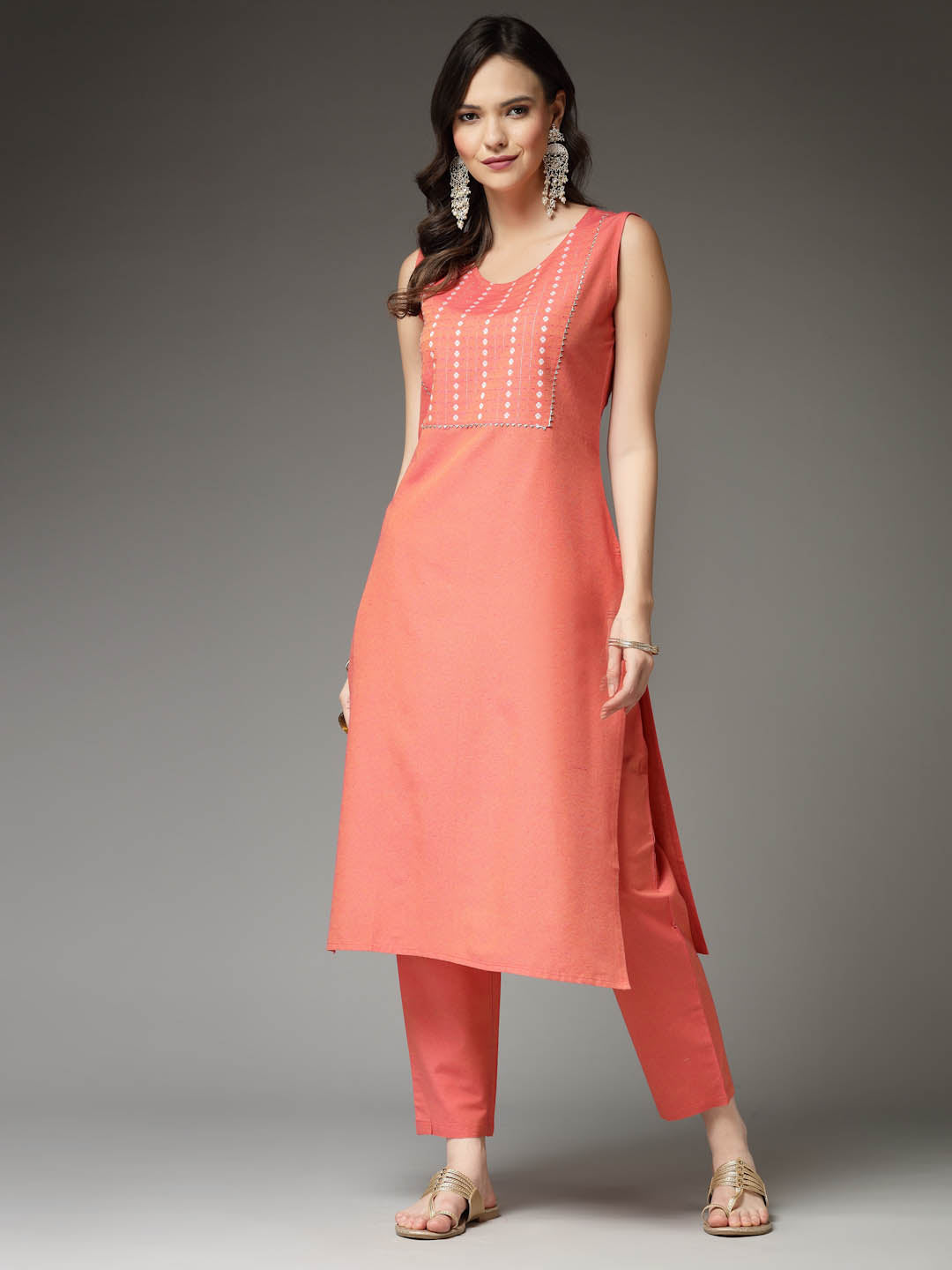 Woven Designed Cotton Blend Straight Kurta Pant Set