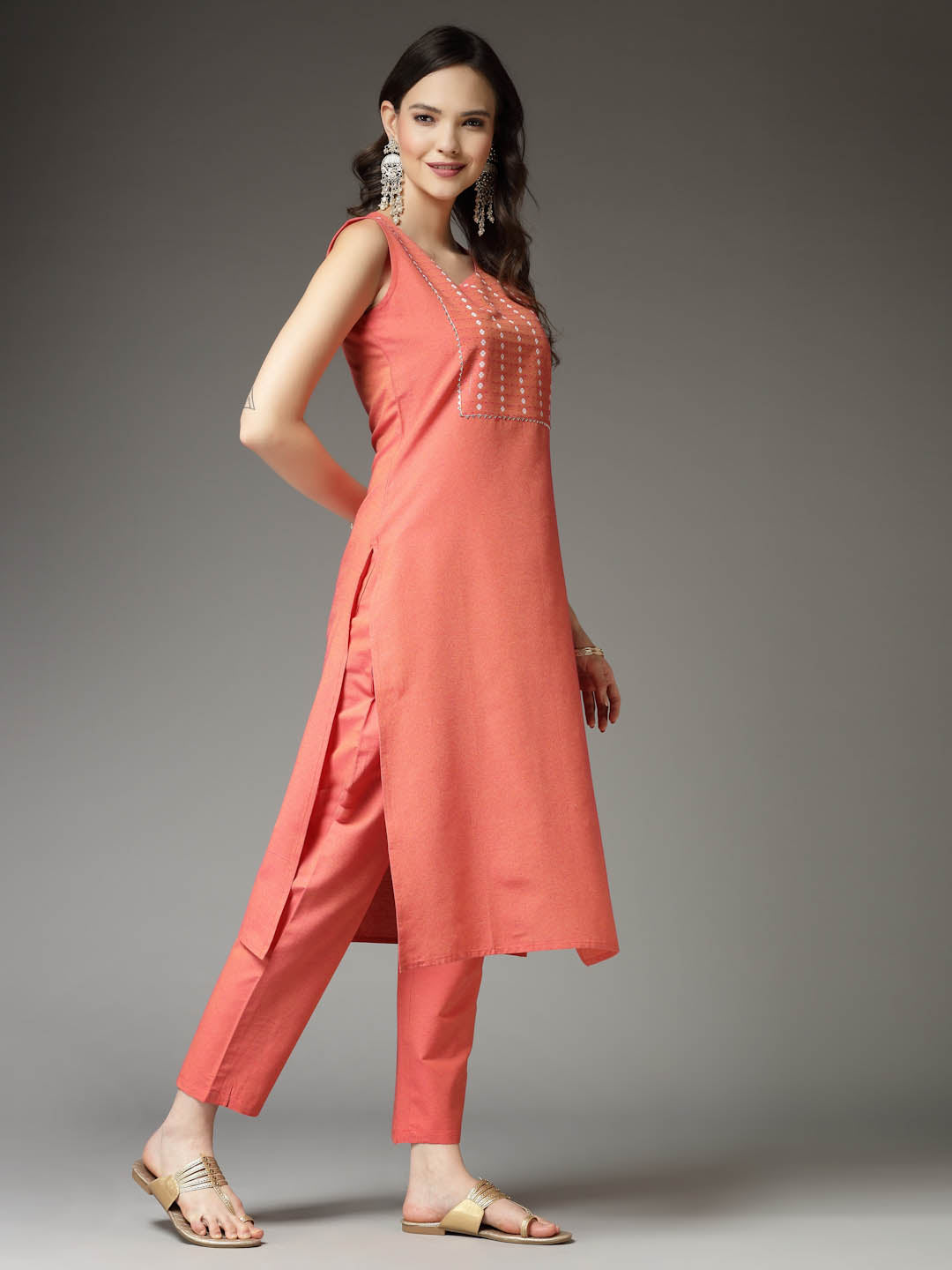 Woven Designed Cotton Blend Straight Kurta Pant Set