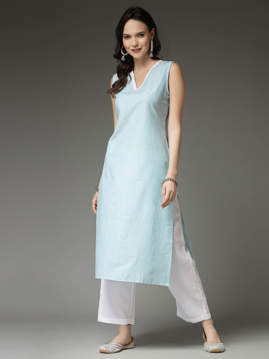 Solid Cotton Blend Straight Kurta Pant Set