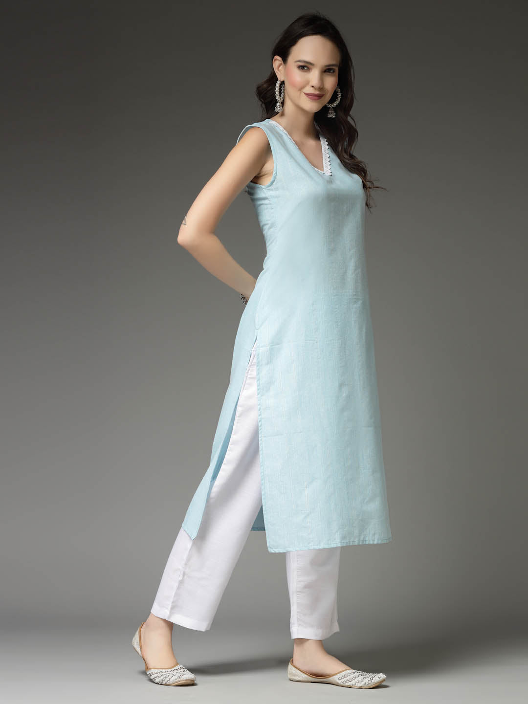 Solid Cotton Blend Straight Kurta Pant Set