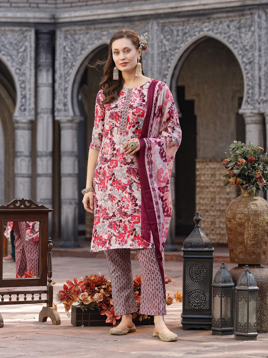 Floral Printed Cotton Blend Straight Kurta Pant Dupatta Set