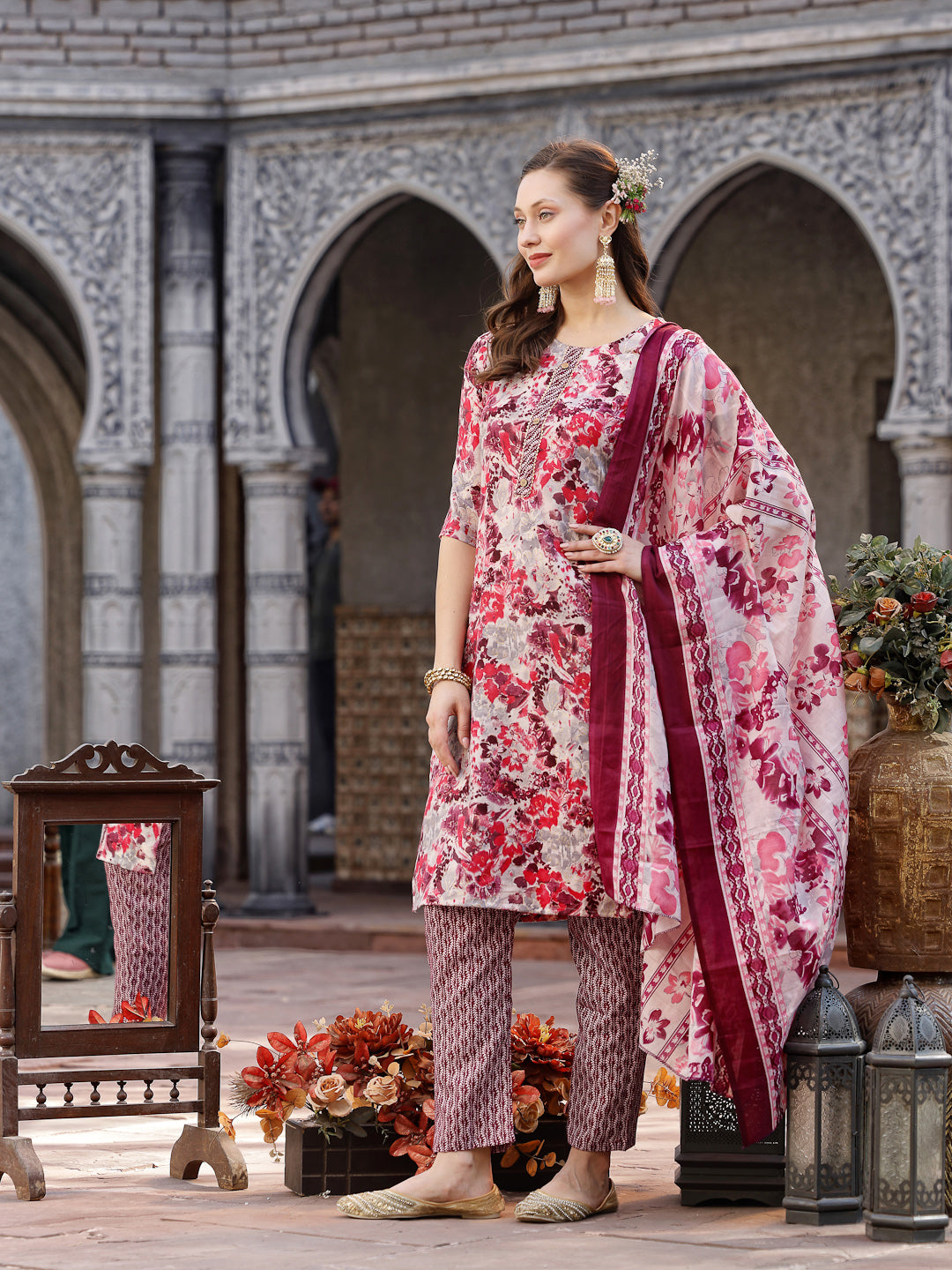 Floral Printed Cotton Blend Straight Kurta Pant Dupatta Set