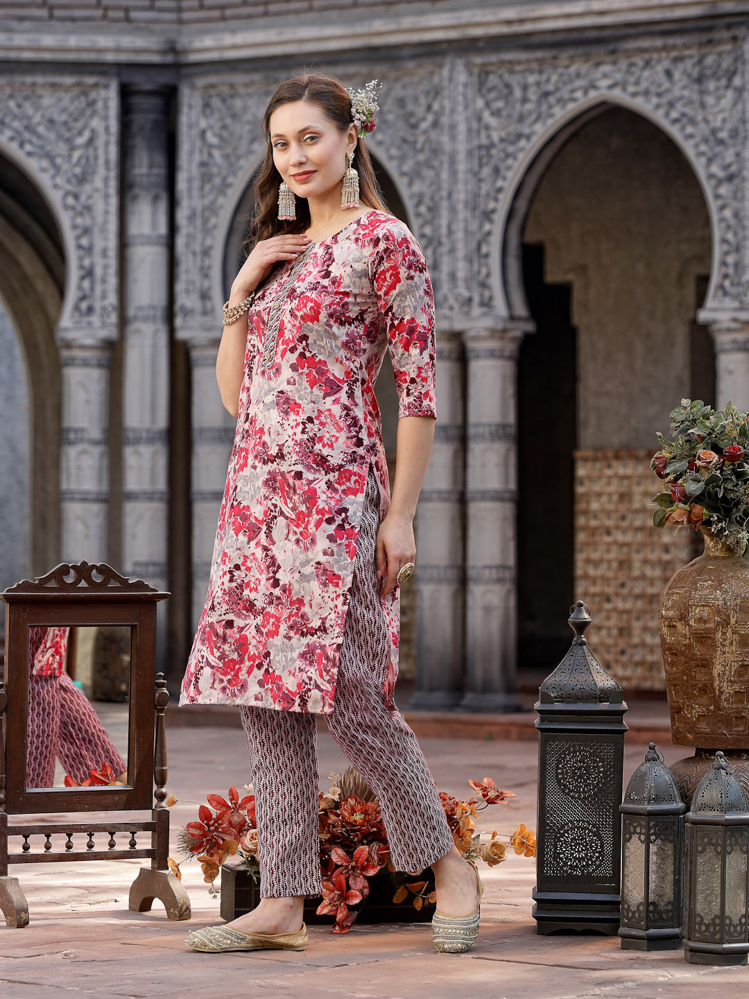 Floral Printed Cotton Blend Straight Kurta Pant Dupatta Set