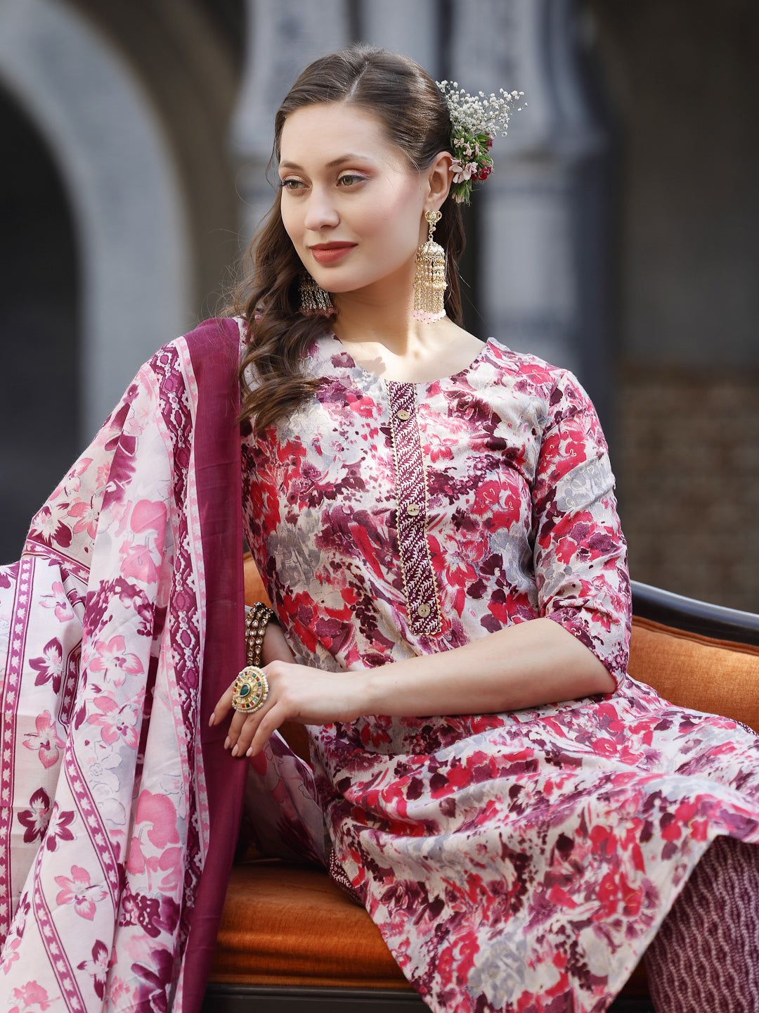 Floral Printed Cotton Blend Straight Kurta Pant Dupatta Set