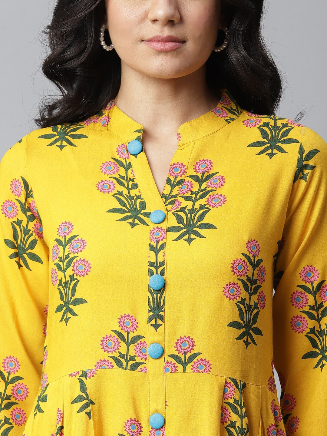 Floral Print Rayon A-Line Kurta (Yellow)