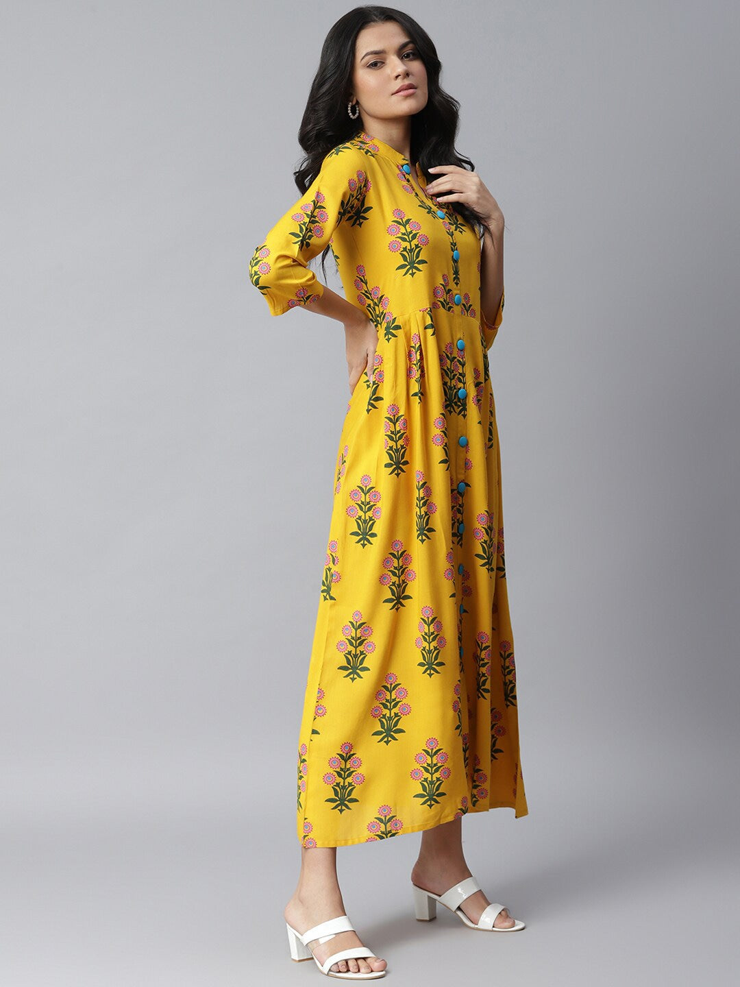 Floral Print Rayon A-Line Kurta (Yellow)
