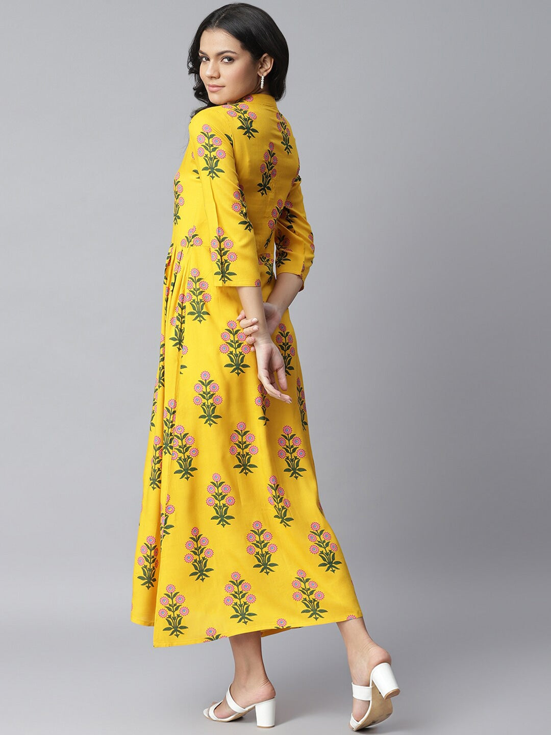 Floral Print Rayon A-Line Kurta (Yellow)