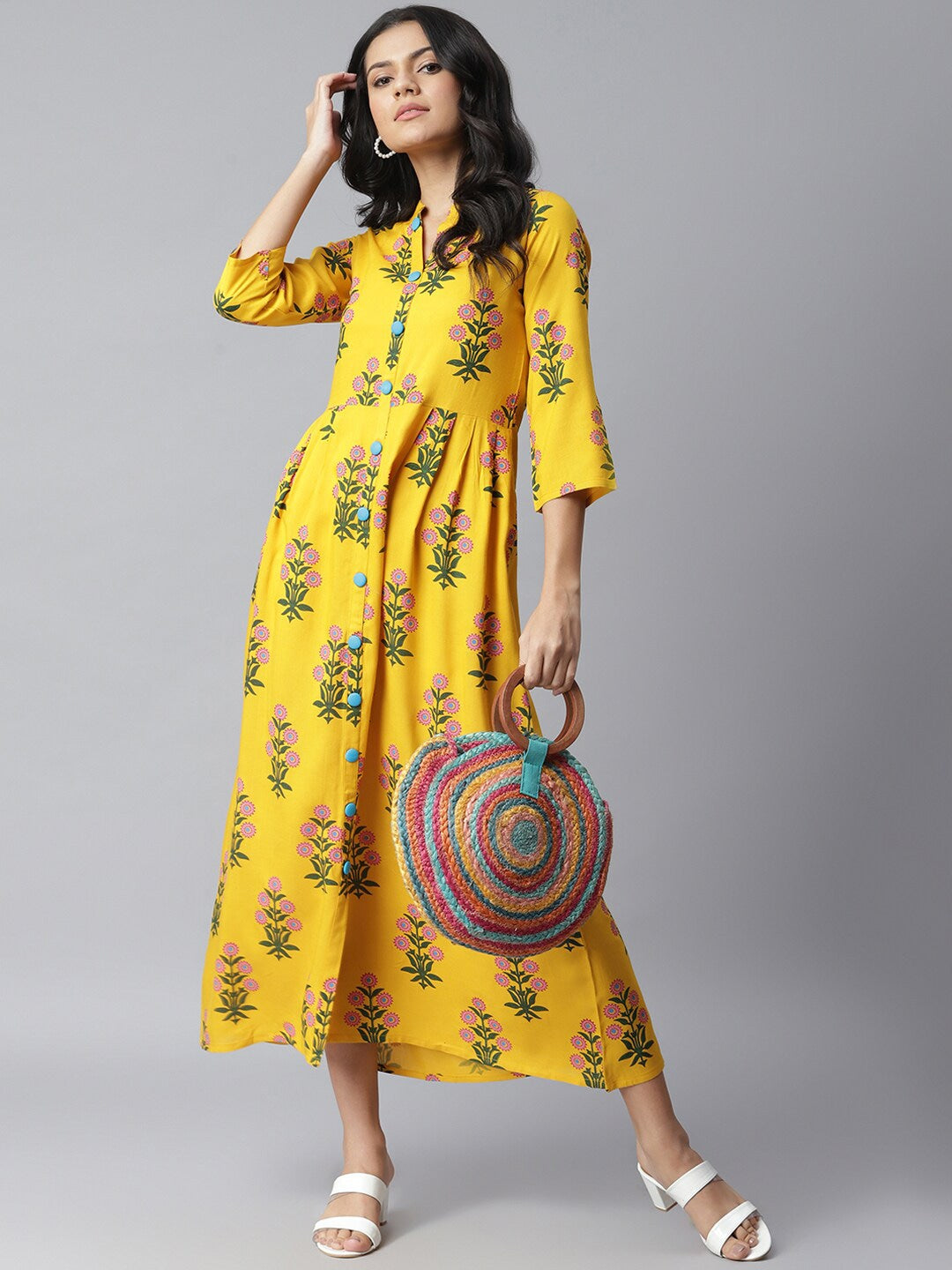 Floral Print Rayon A-Line Kurta (Yellow)
