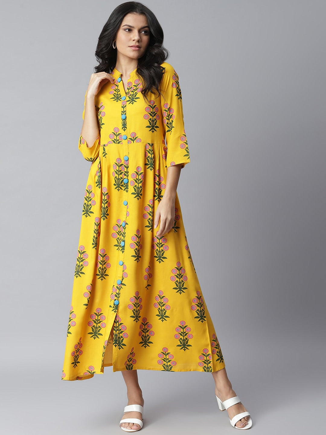 Floral Print Rayon A-Line Kurta (Yellow)