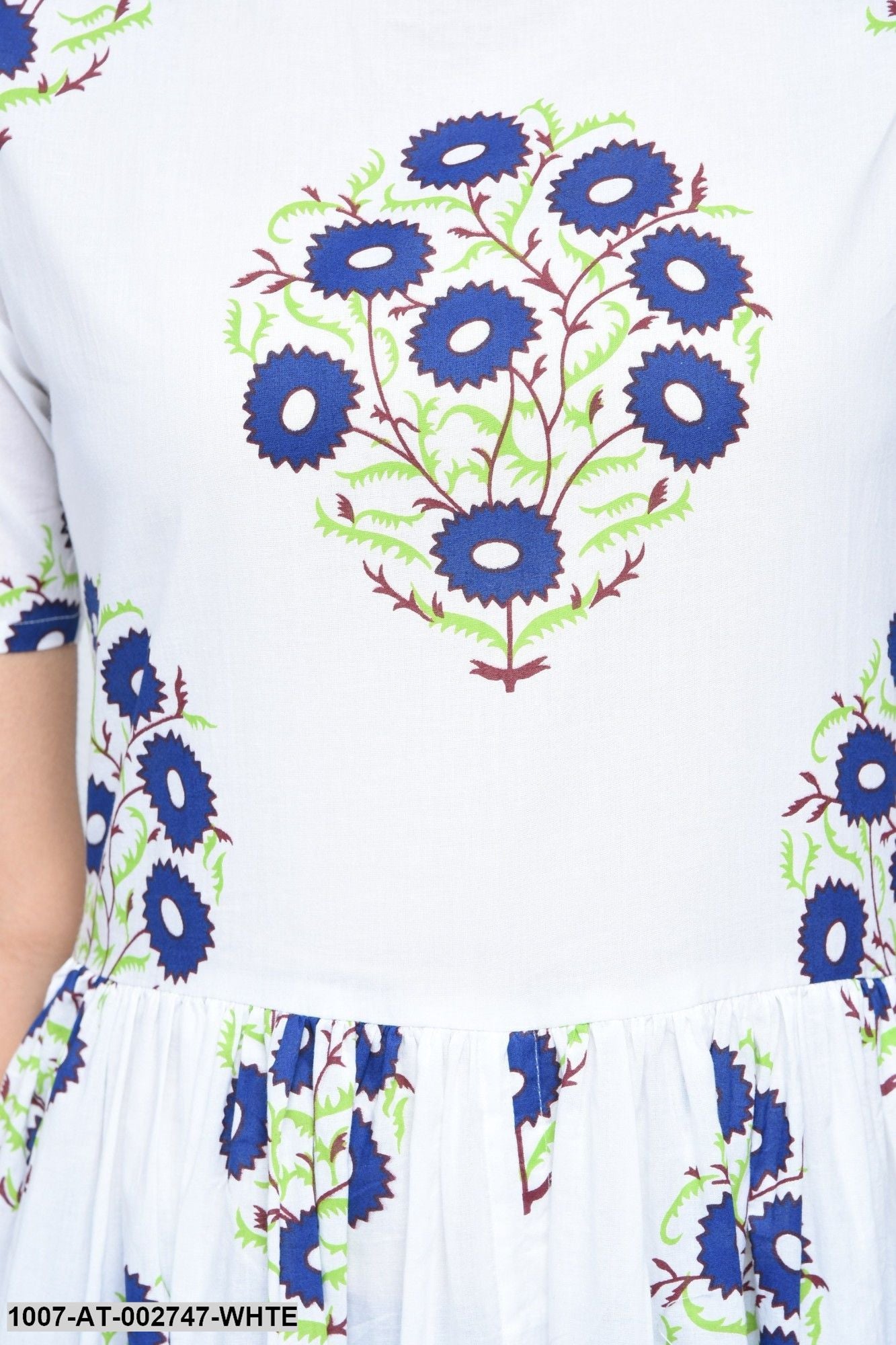 Floral Print Cotton Front Slit Kurta (White)