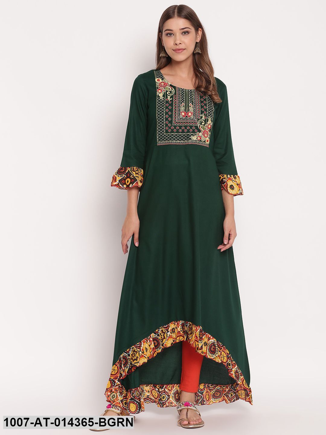 Embroidered Rayon High Low Kurta (Bottle Green)