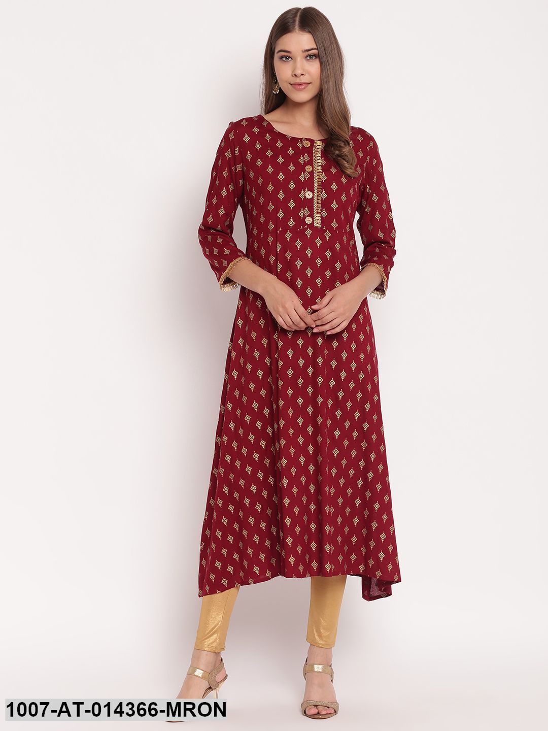 Gold Print Rayon A-Line Kurta (Maroon)