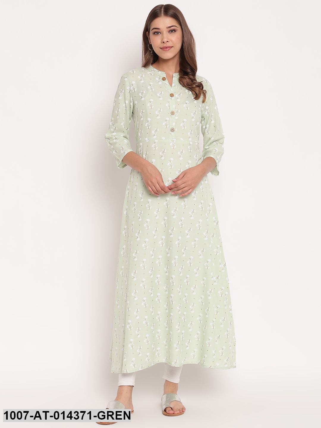 Floral Print Rayon A-Line Kurta (Pastel Green)