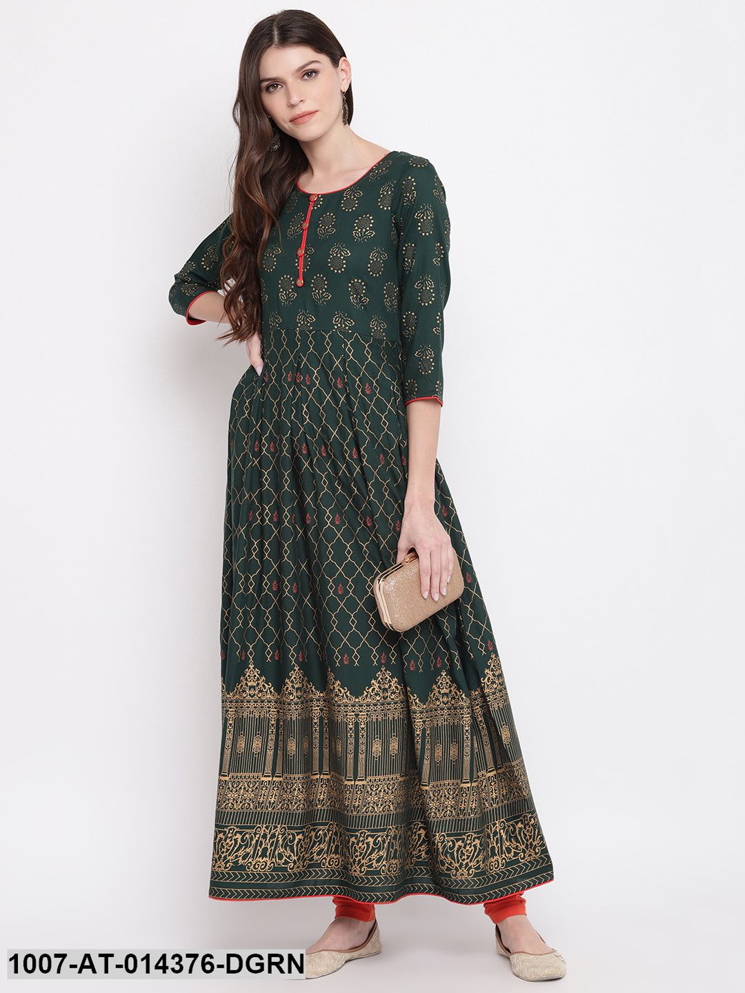 Gold Printed Rayon Flared Kurta (Dark Green)