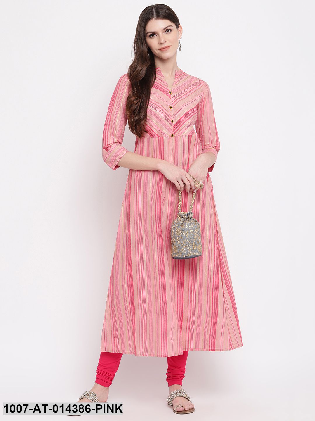 Striped Print Cotton A-Line Kurta (Pink)