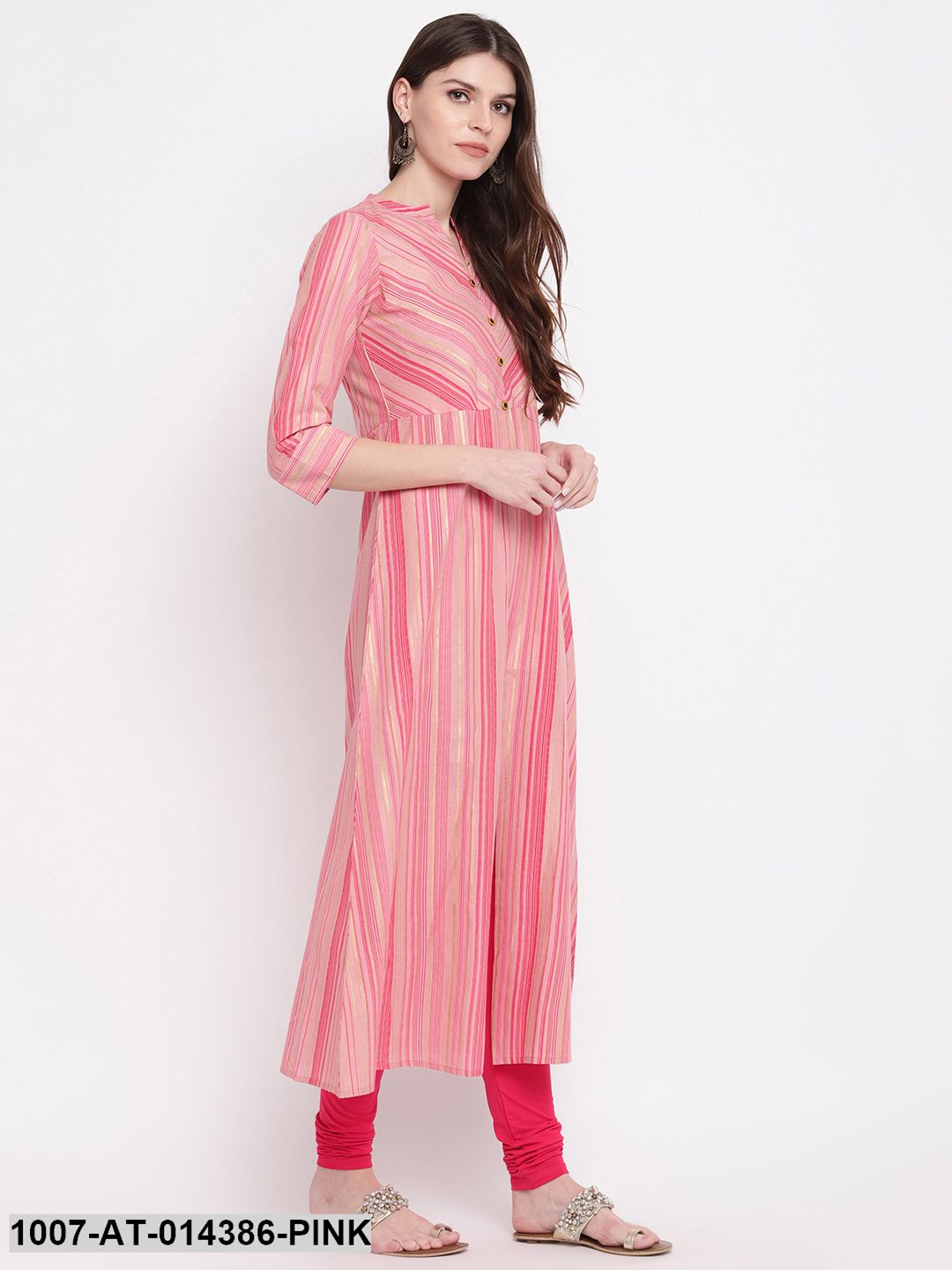 Striped Print Cotton A-Line Kurta (Pink)