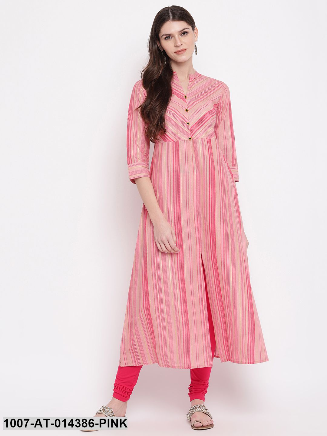 Striped Print Cotton A-Line Kurta (Pink)