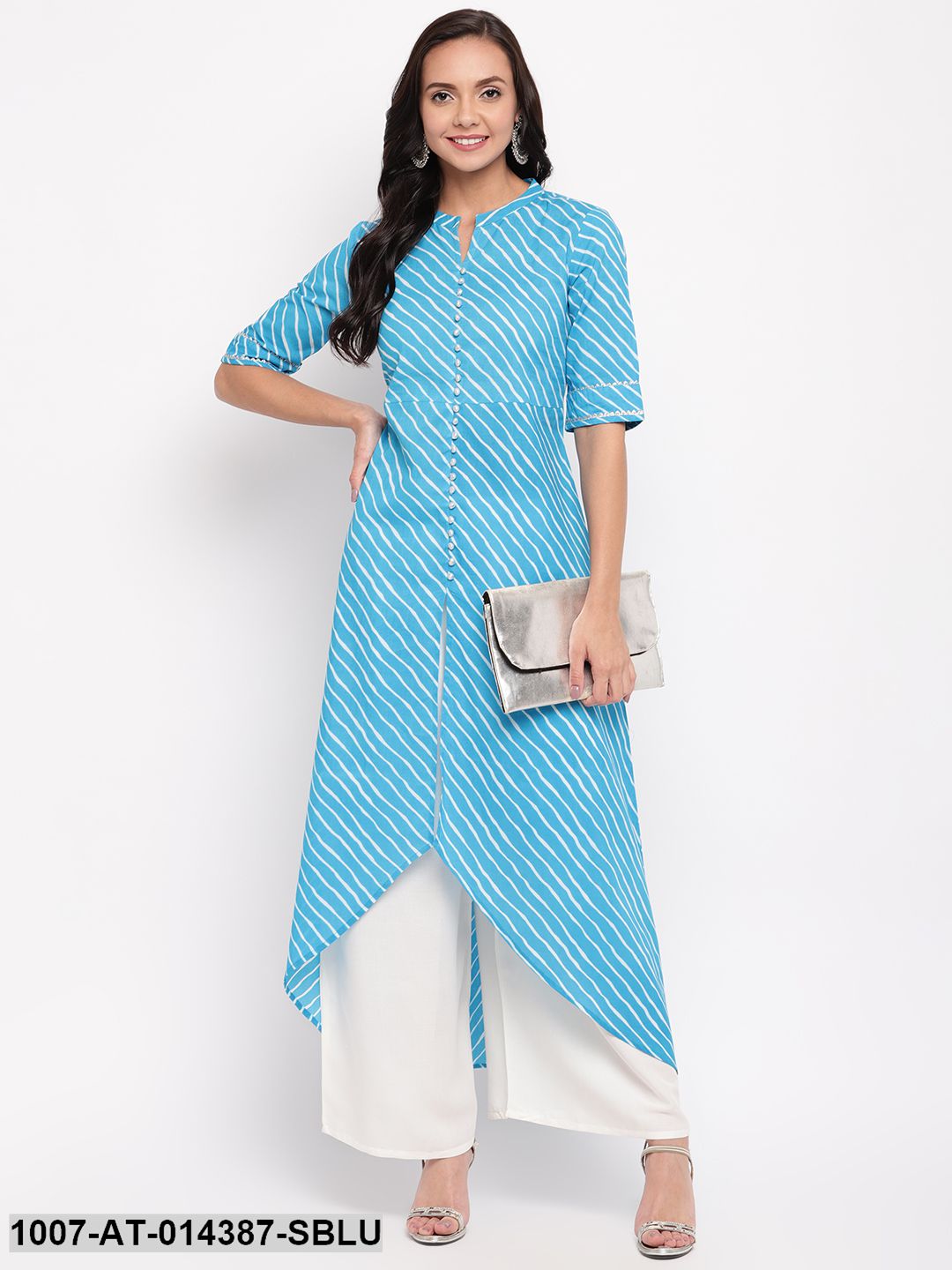 Leheriya Print Cotton High-Low Kurta (Sky Blue)