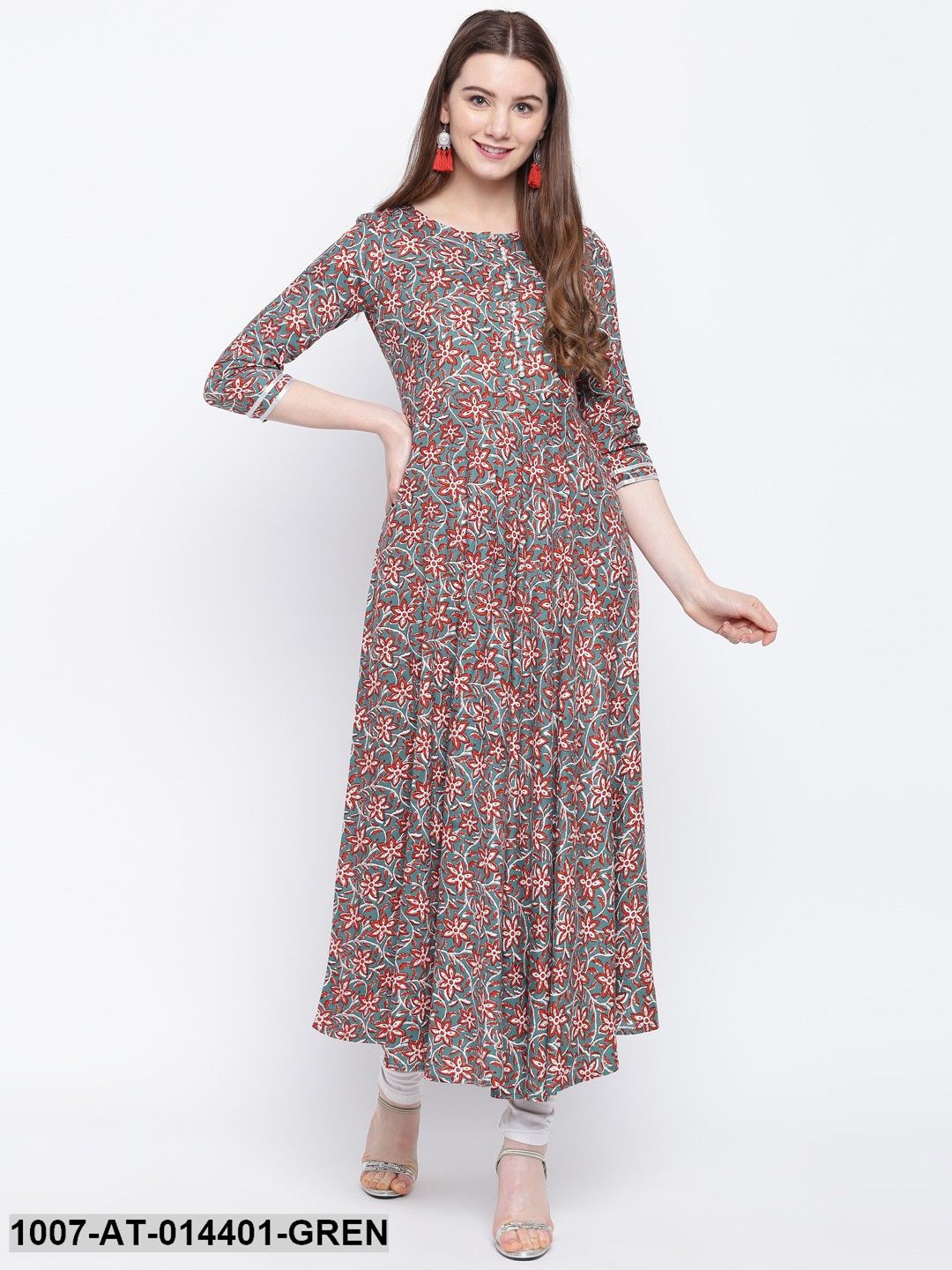 Kalamkari Print Rayon Flared Kurta (Green)