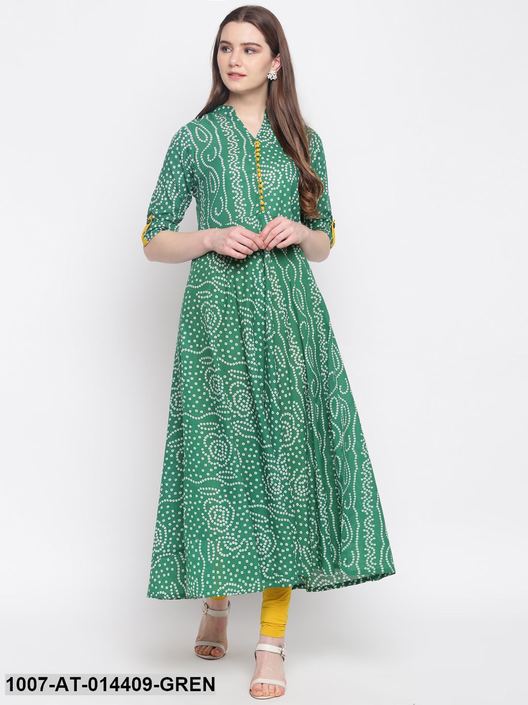Bandhej Print Cotton Flared Kurta (Green)