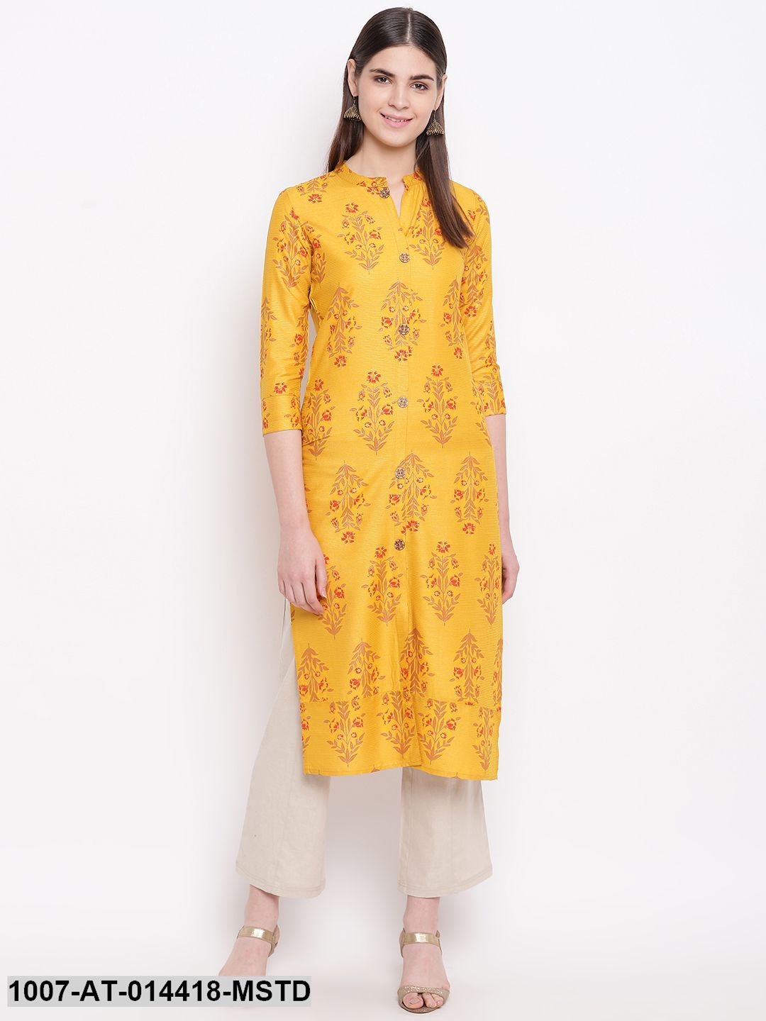 Floral Print Cotton Straight Kurta (Mustard)