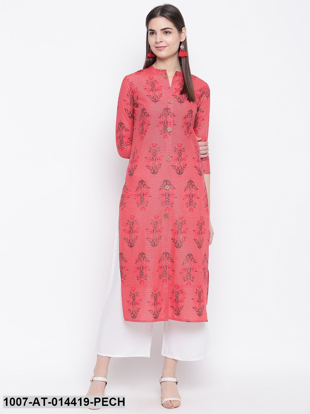 Floral Print Cotton Straight Kurta (Peach)