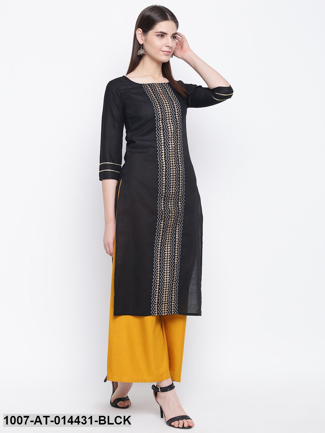 Gold Print Cotton Straight Kurta (Black)
