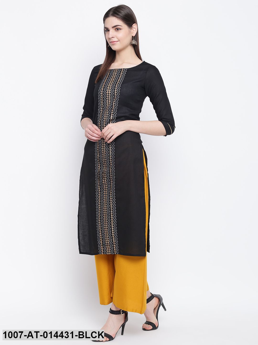 Gold Print Cotton Straight Kurta (Black)