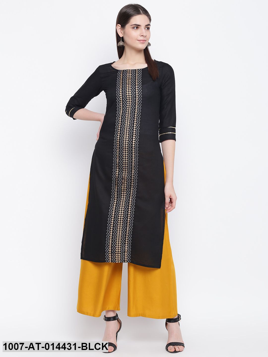Gold Print Cotton Straight Kurta (Black)