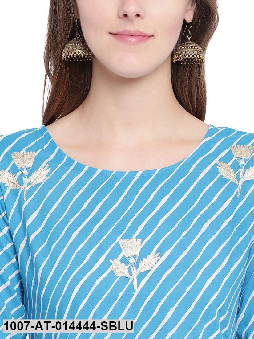 Leheriya Print Cotton Straight Kurta (Sky Blue)