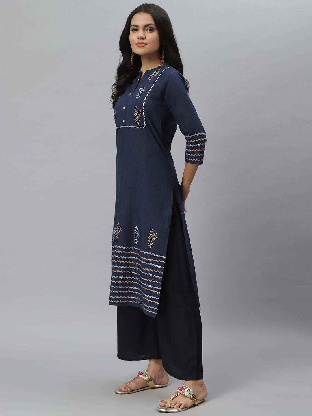Hand Block Print Cotton Straight Kurta (Navy Blue)