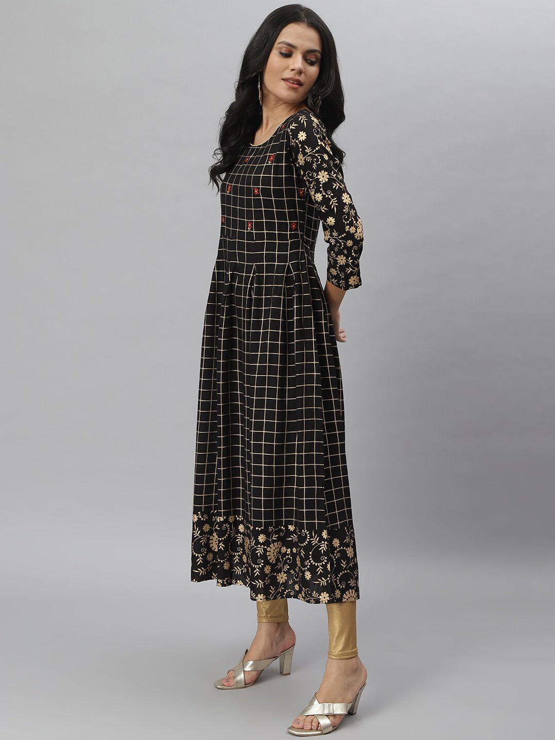 Checkered Rayon Flared Kurta (Black)