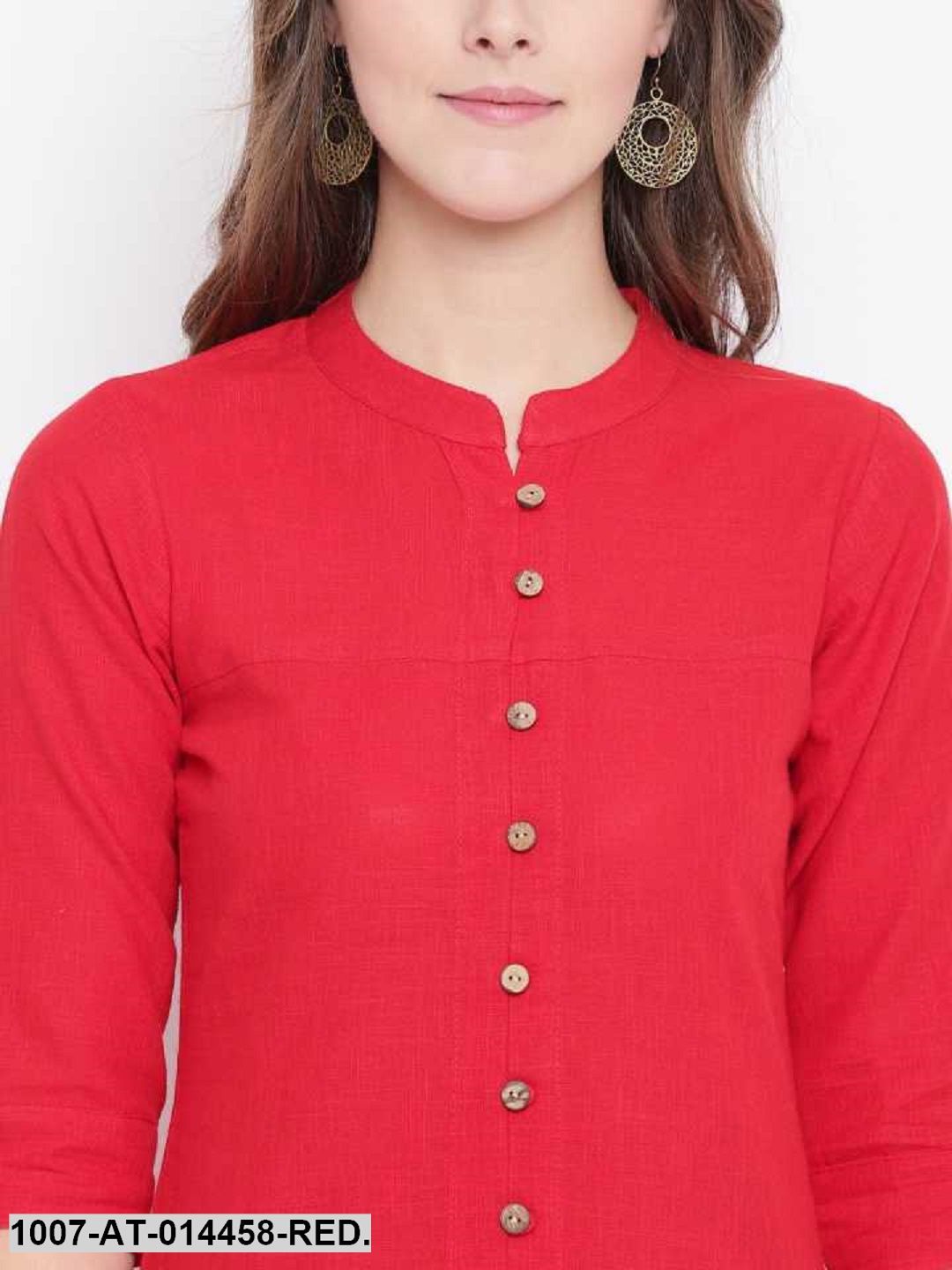Solid Cotton Slub A-Line Kurta (Red)