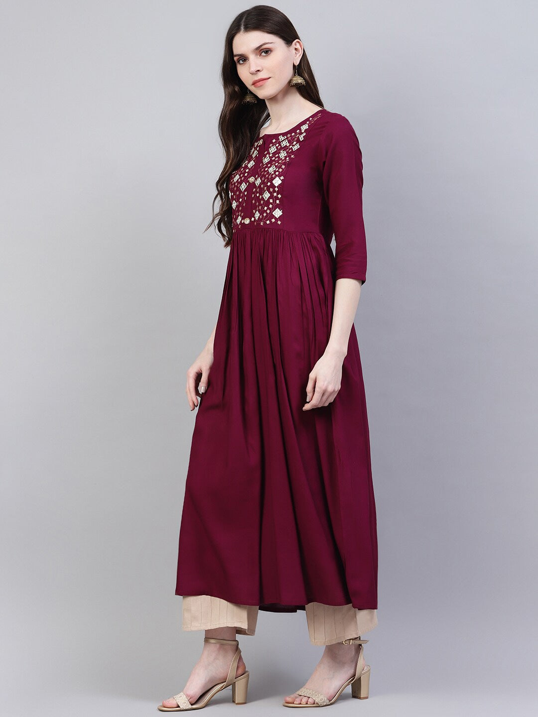 Embroidered Rayon Flared Kurta (Wine)