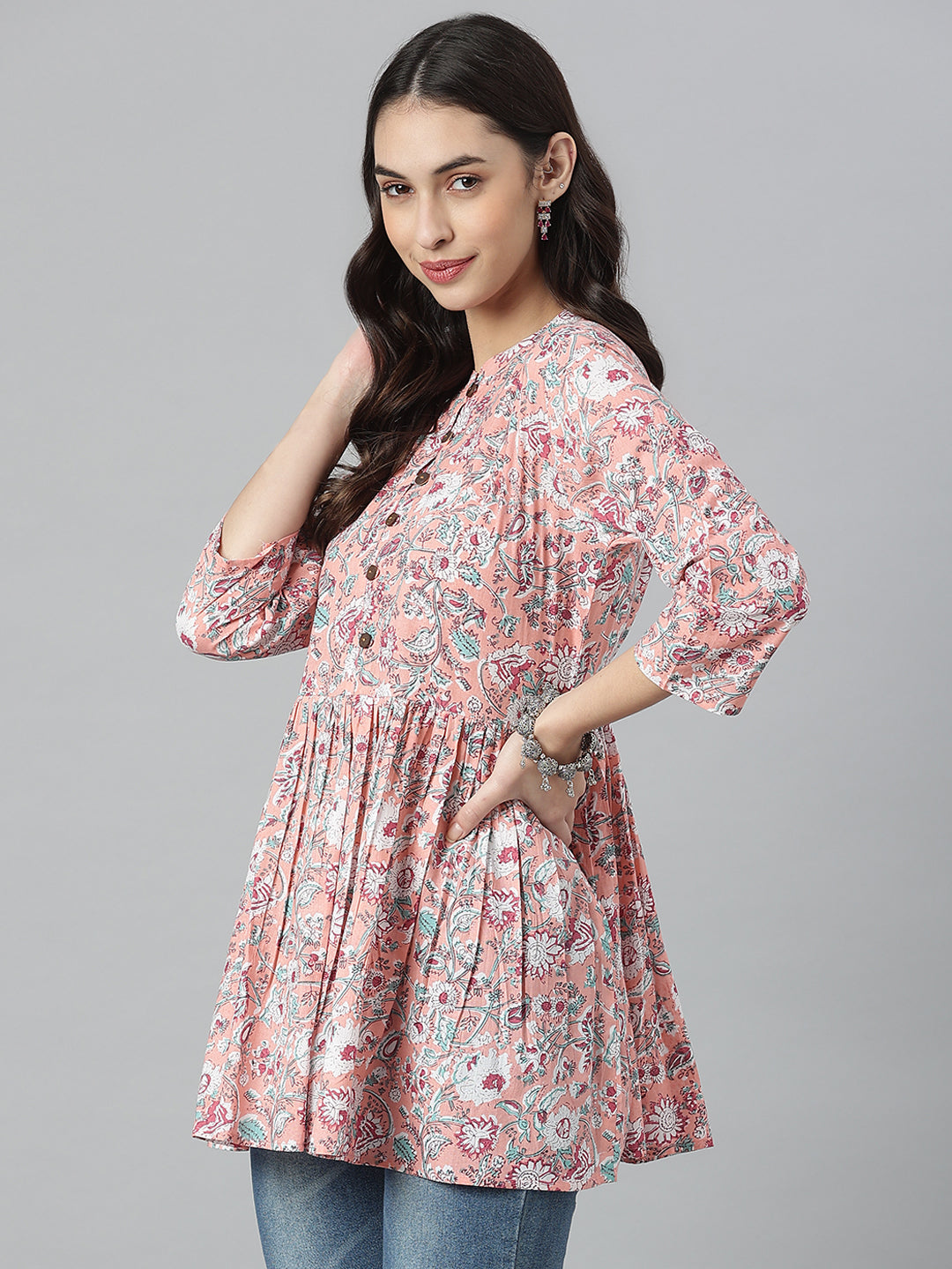 Floral Printed Cotton Flared Ethnic Short Tunic