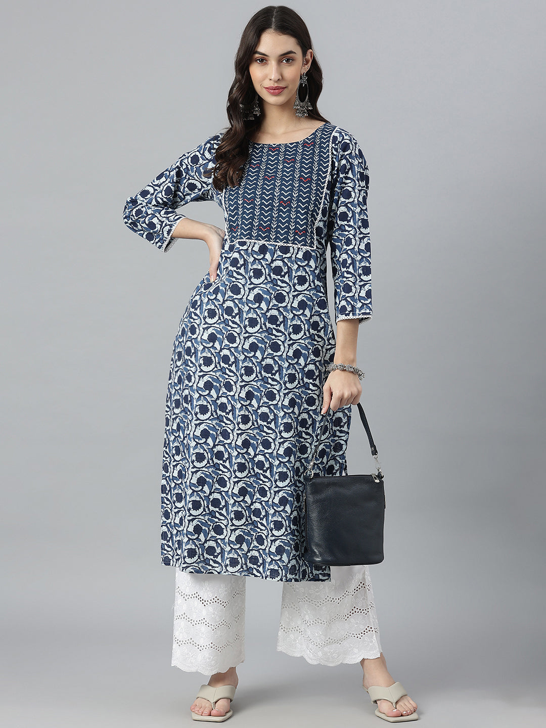 Indigo Printed Cotton Slub Straight Kurta
