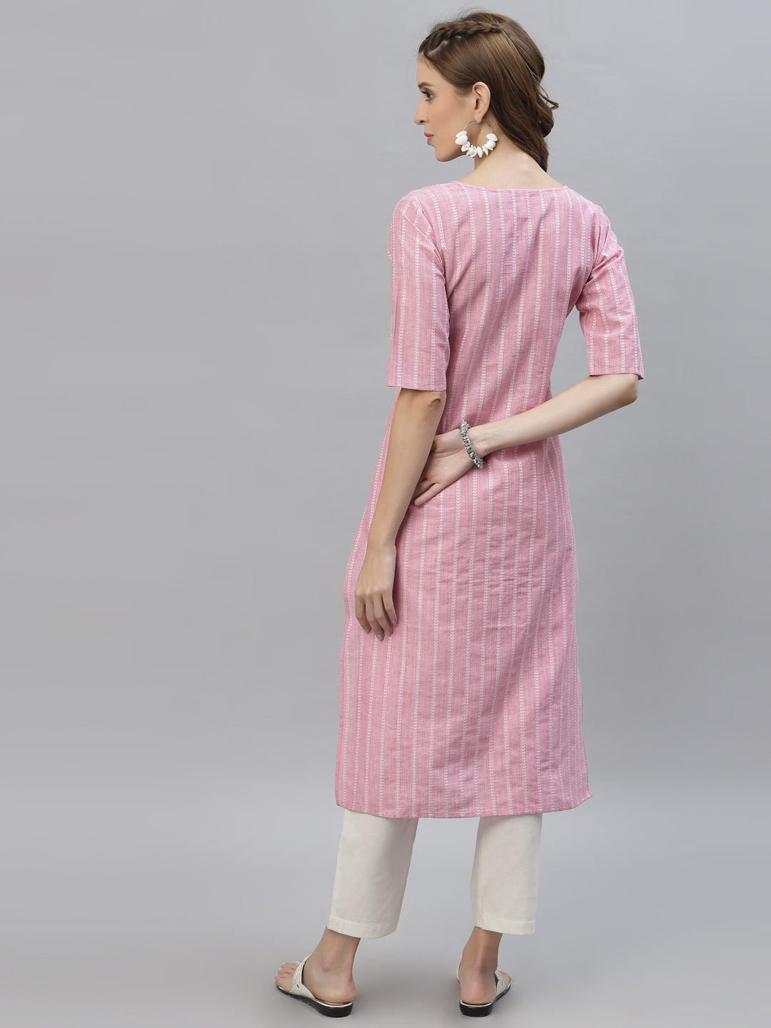 Self Woven Striped Cotton Blend Straight Kurta