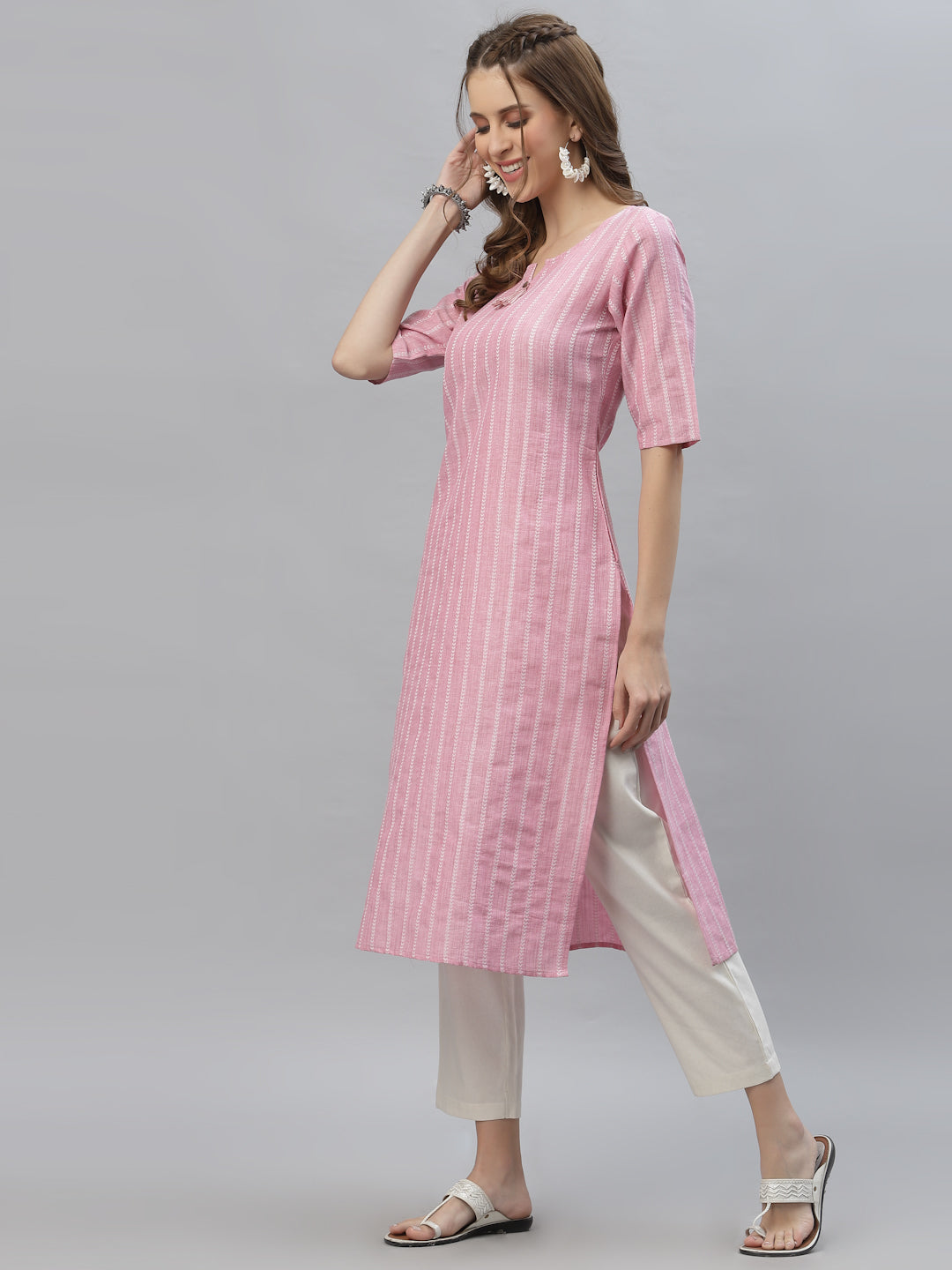 Self Woven Striped Cotton Blend Straight Kurta