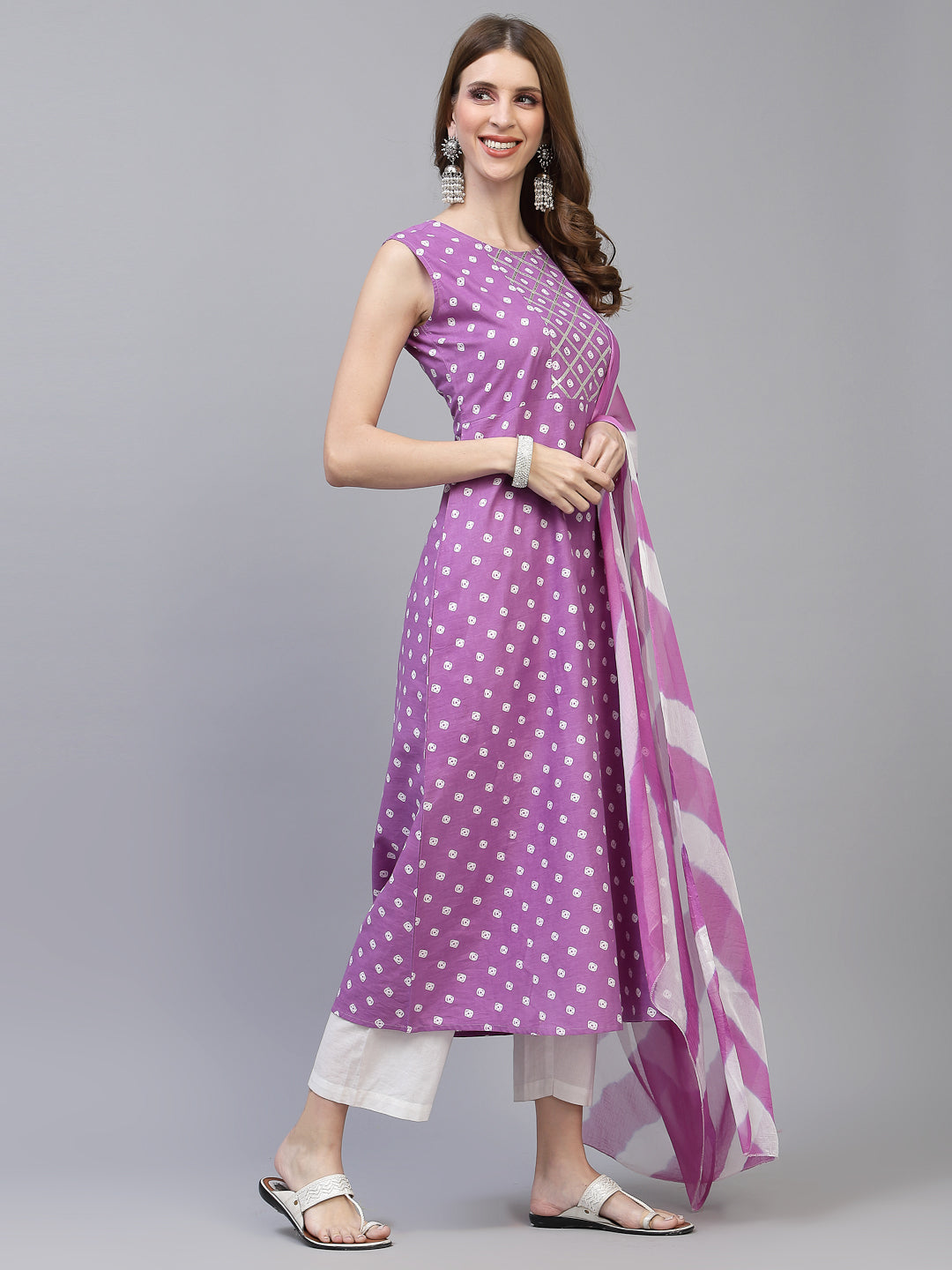 Bandhej Printed A-Line Kurta with Dupatta