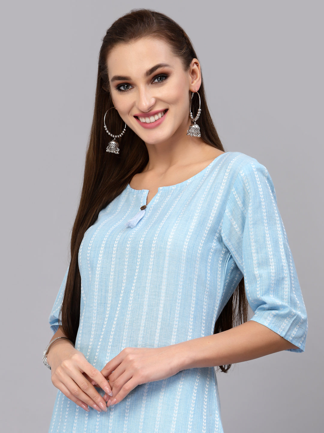 Self Woven Striped Cotton Blend Straight Kurta