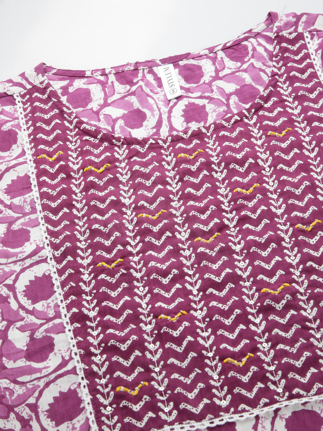 Purple Printed Cotton Slub Straight Kurta