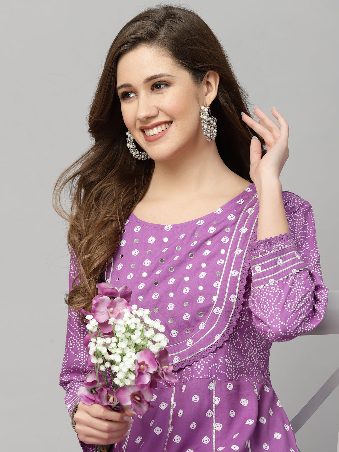 Bandhani Printed & Embellished Rayon Anarkali Kurta